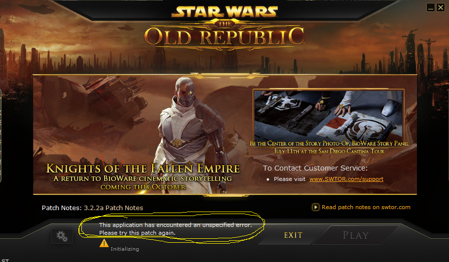 swtor this application has encountered an unspecified login error